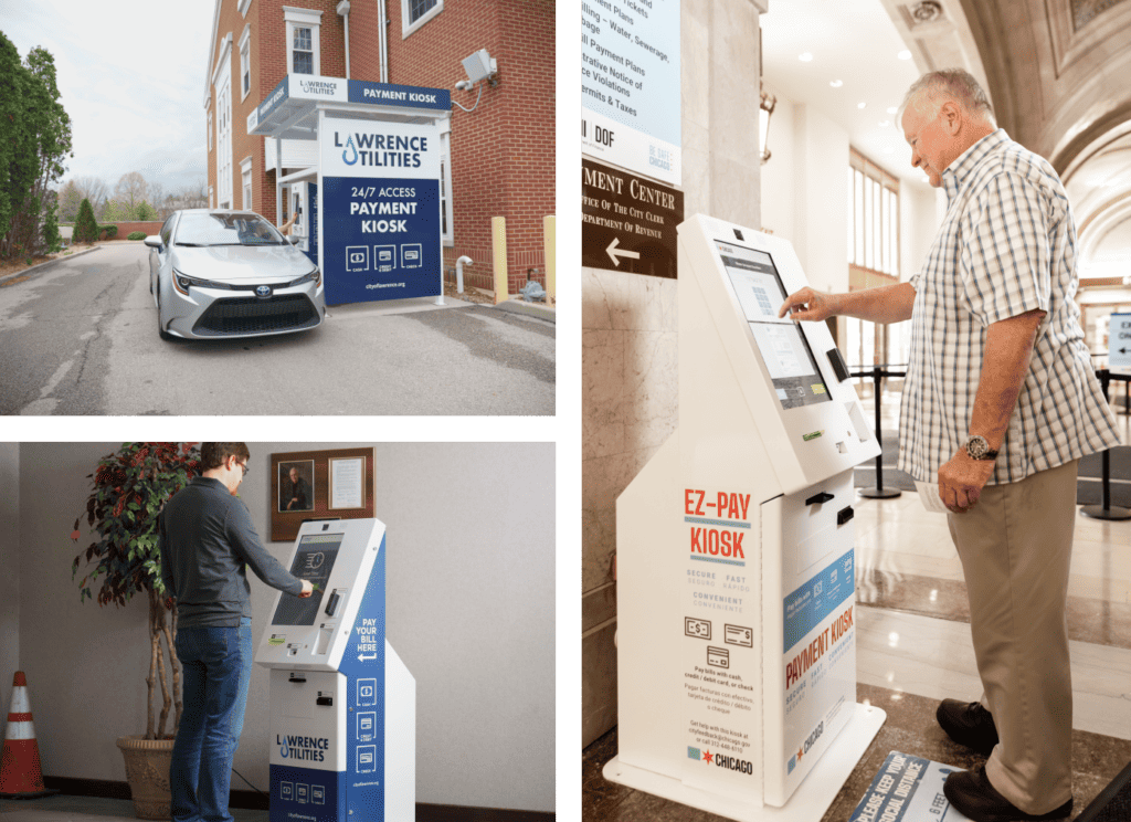 Photos of people paying at CityBase kiosks